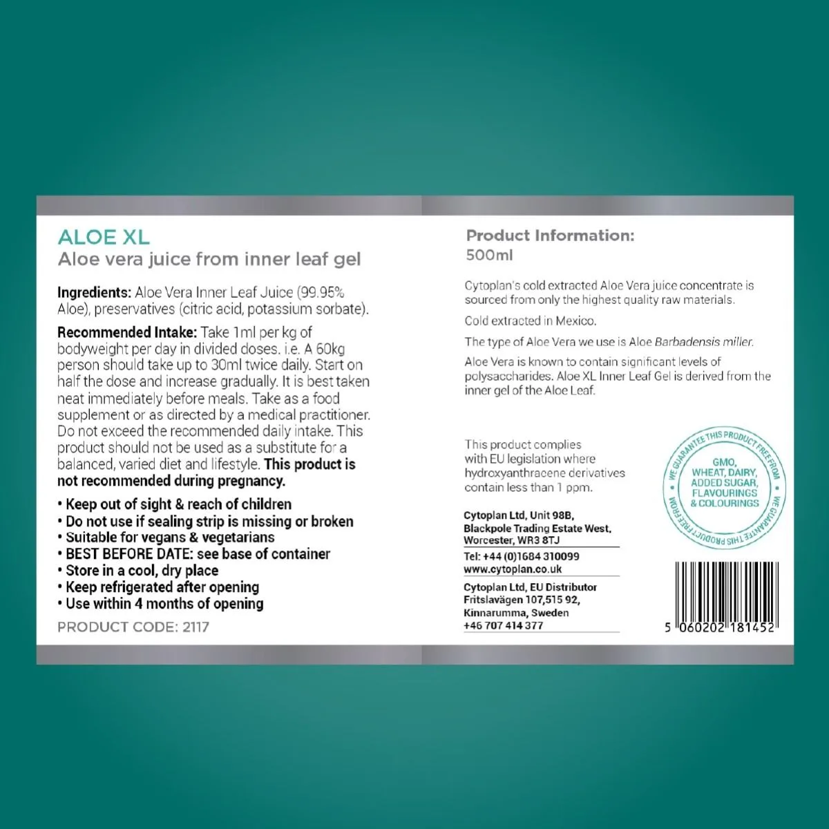 Cytoplan Aloe XL – lehe sisemuse mahl, 500 ml – silt