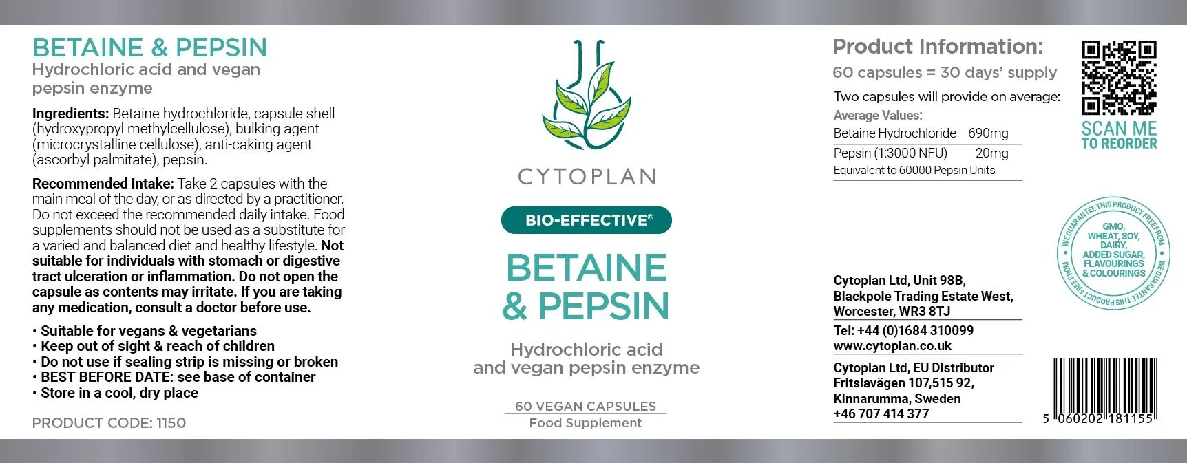 Cytoplan Betaine & Pepsin, 60 kapslit - silt
