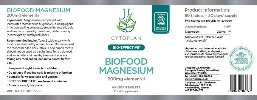 Cytoplan Biofood Magnesium – bioaktiivne, 60 tabletti – silt