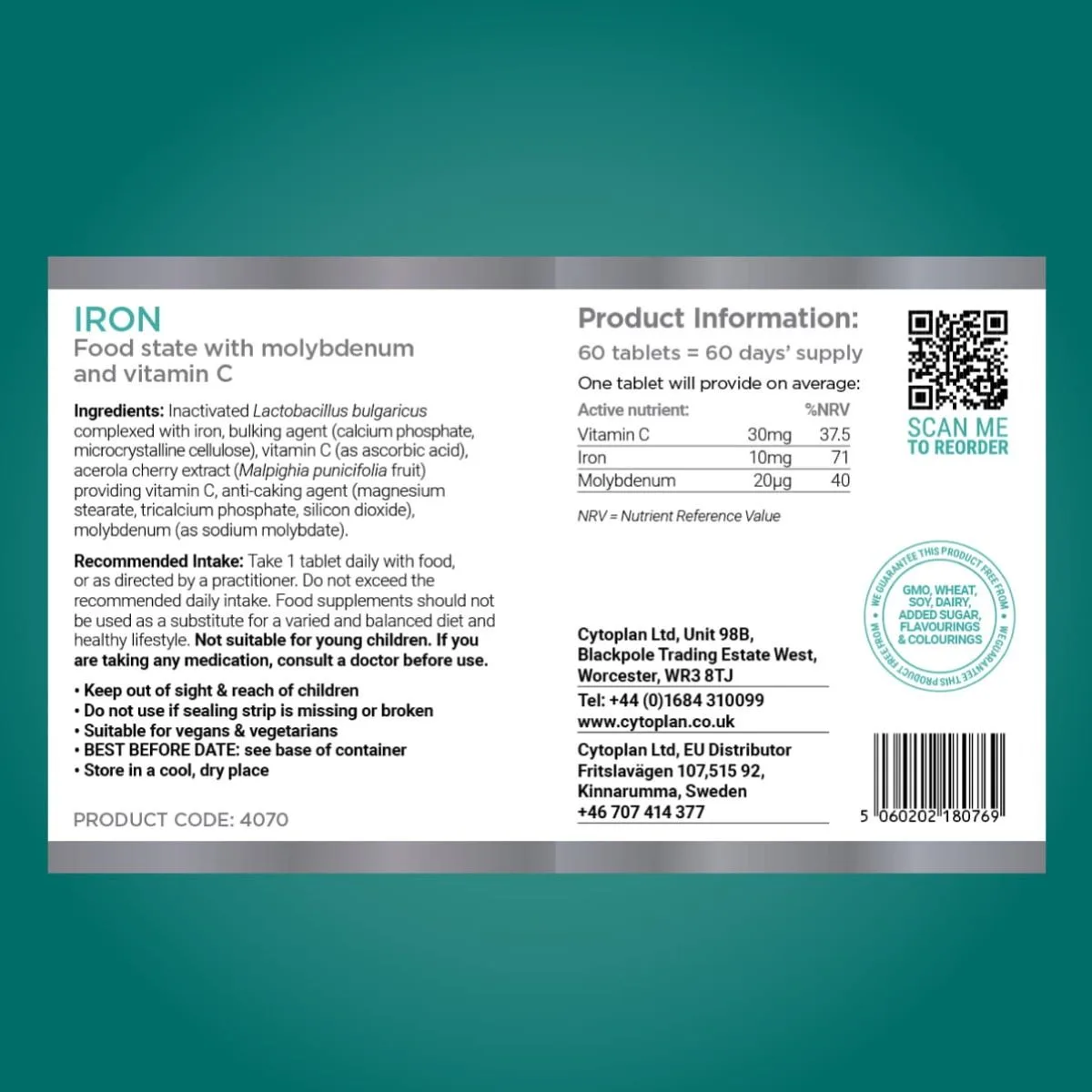 Cytoplan Iron – molübdeeni ja C-vitamiiniga, 60 tabletti – silt