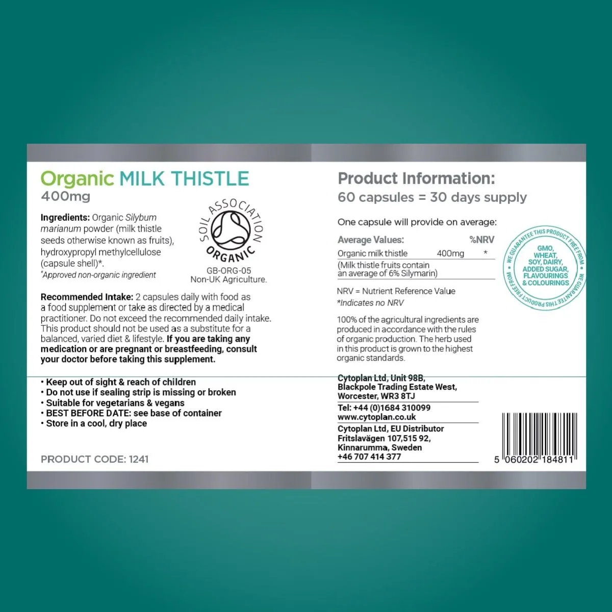 Cytoplan Organic Milk Thistle – mahe 🌿, 60 kapslit – silt