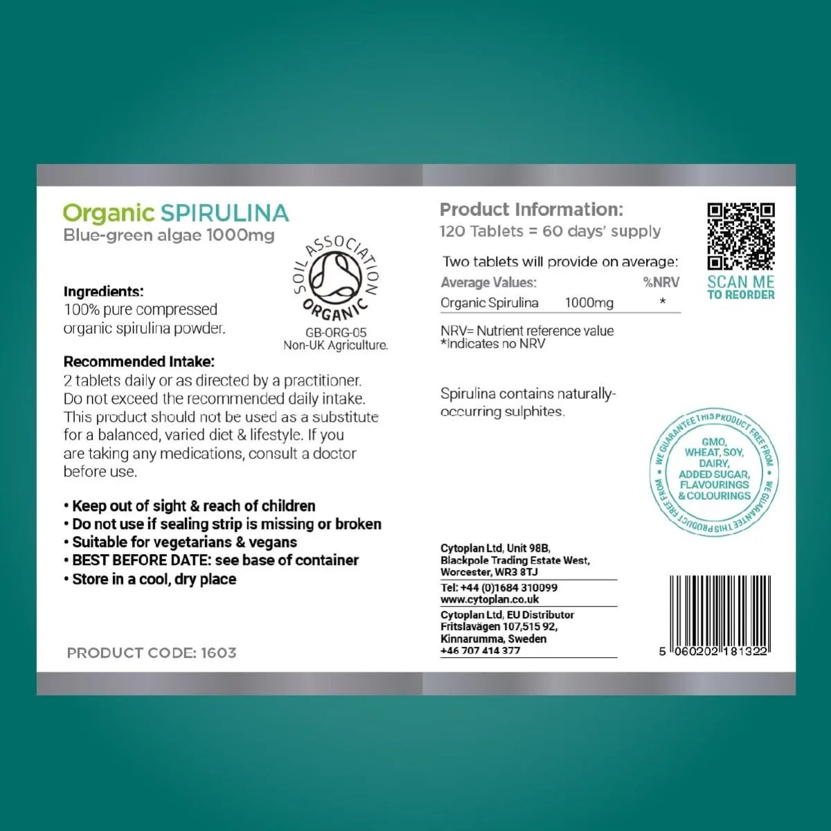 Cytoplan Organic Spirulina – mahe 🌿, 120 tabletti – silt