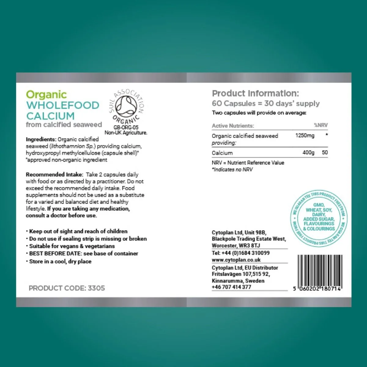 Cytoplan Organic Wholefood Calcium – mahe 🌿, 60 kapslit – silt