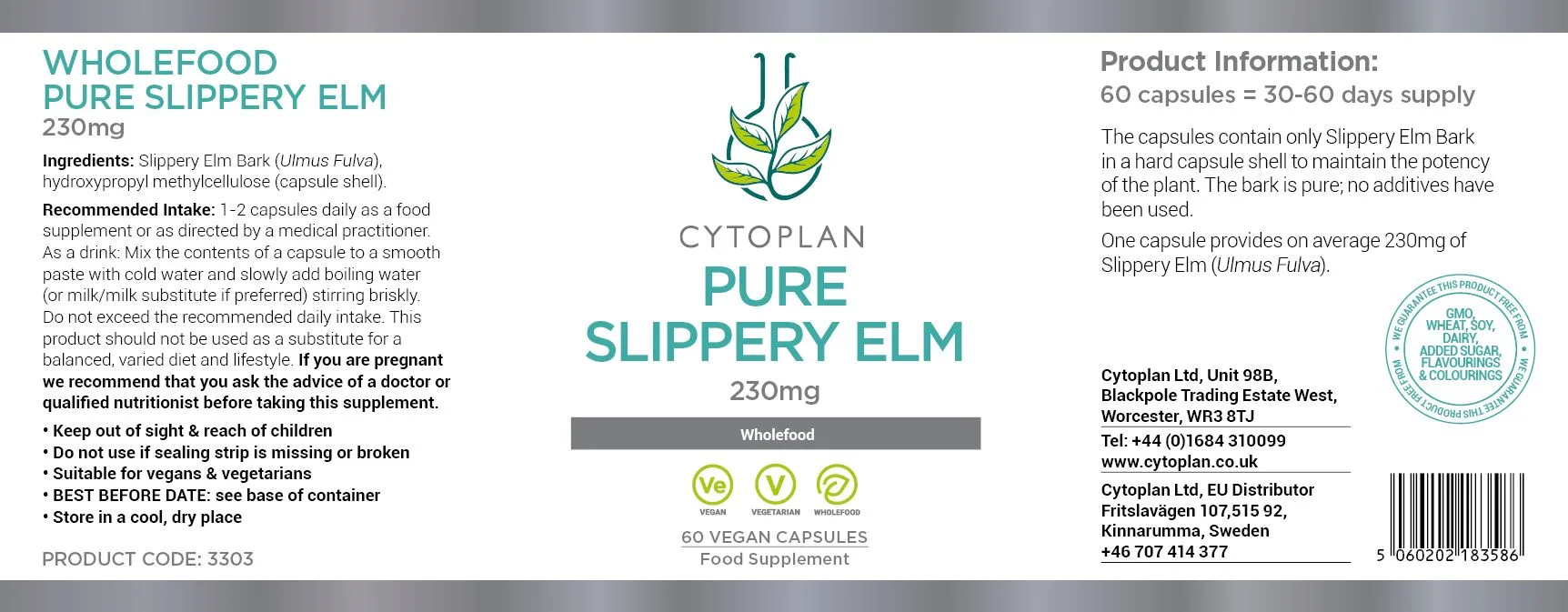 Cytoplan Pure Slippery Elm – 60 kapslit – silt