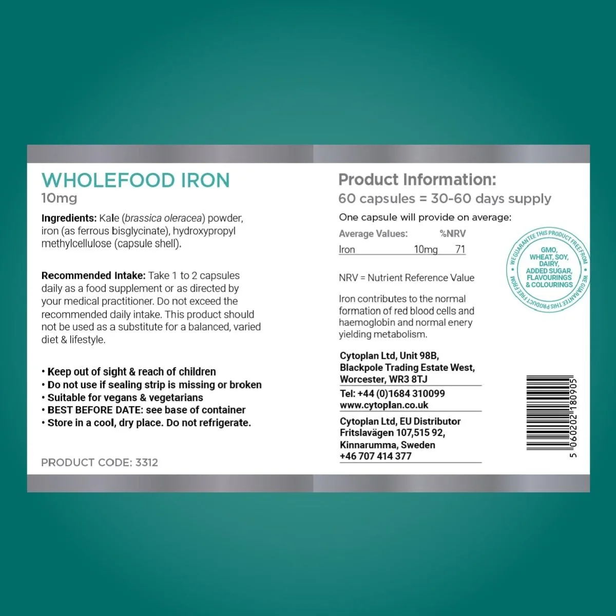 Cytoplan Wholefood Iron, 60 kapslit -silt