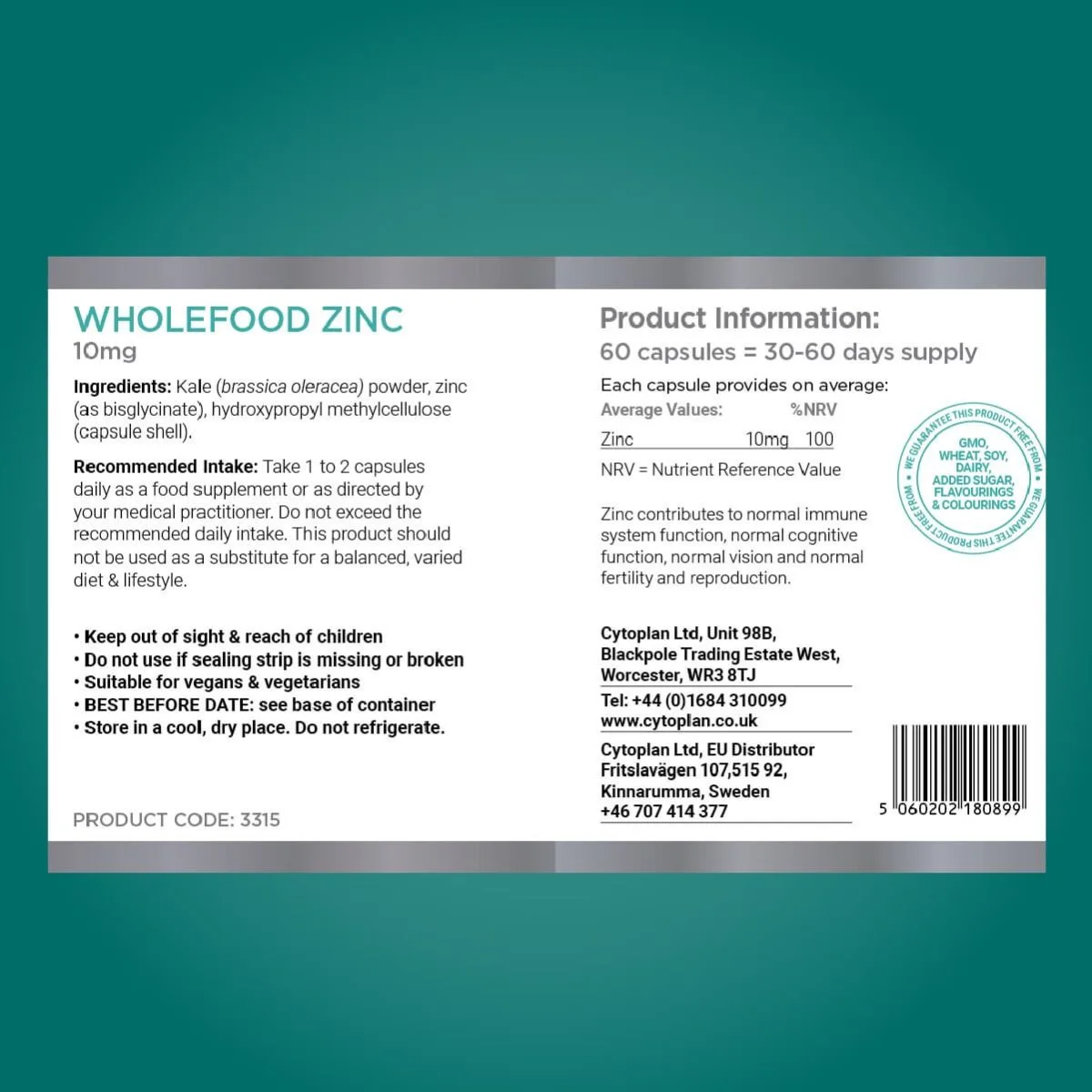 Cytoplan Wholefood Zinc – lehtkapsaga, 60 kapslit – silt