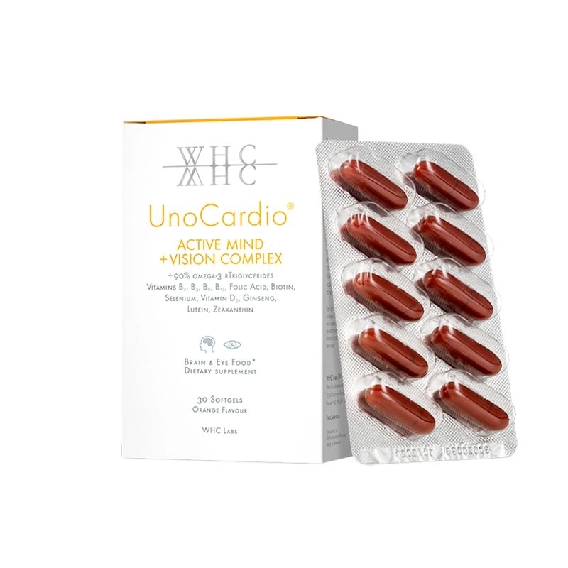 WHC UnoCardio® ACTIVE MIND + VISION COMPLEX – apelsinimaitseline, 30 geelkapslit