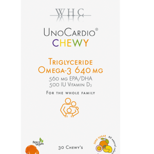 OOMEGA-3 ja D-VITAMIIN – perele, 30 tsitruse-passionimaitselist pehmet pastilli. WHC UnoCardio® CHEWY