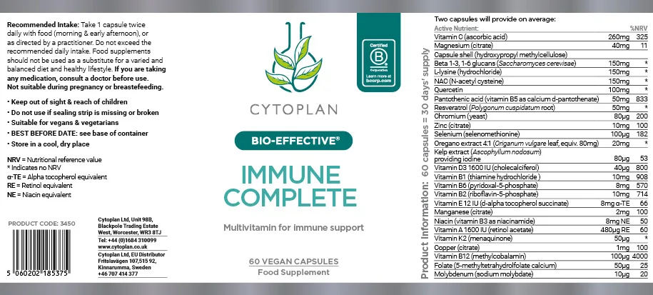 Cytoplan Immune Complete – mehele, naisele, teismelisele; 60 kapslit – silt