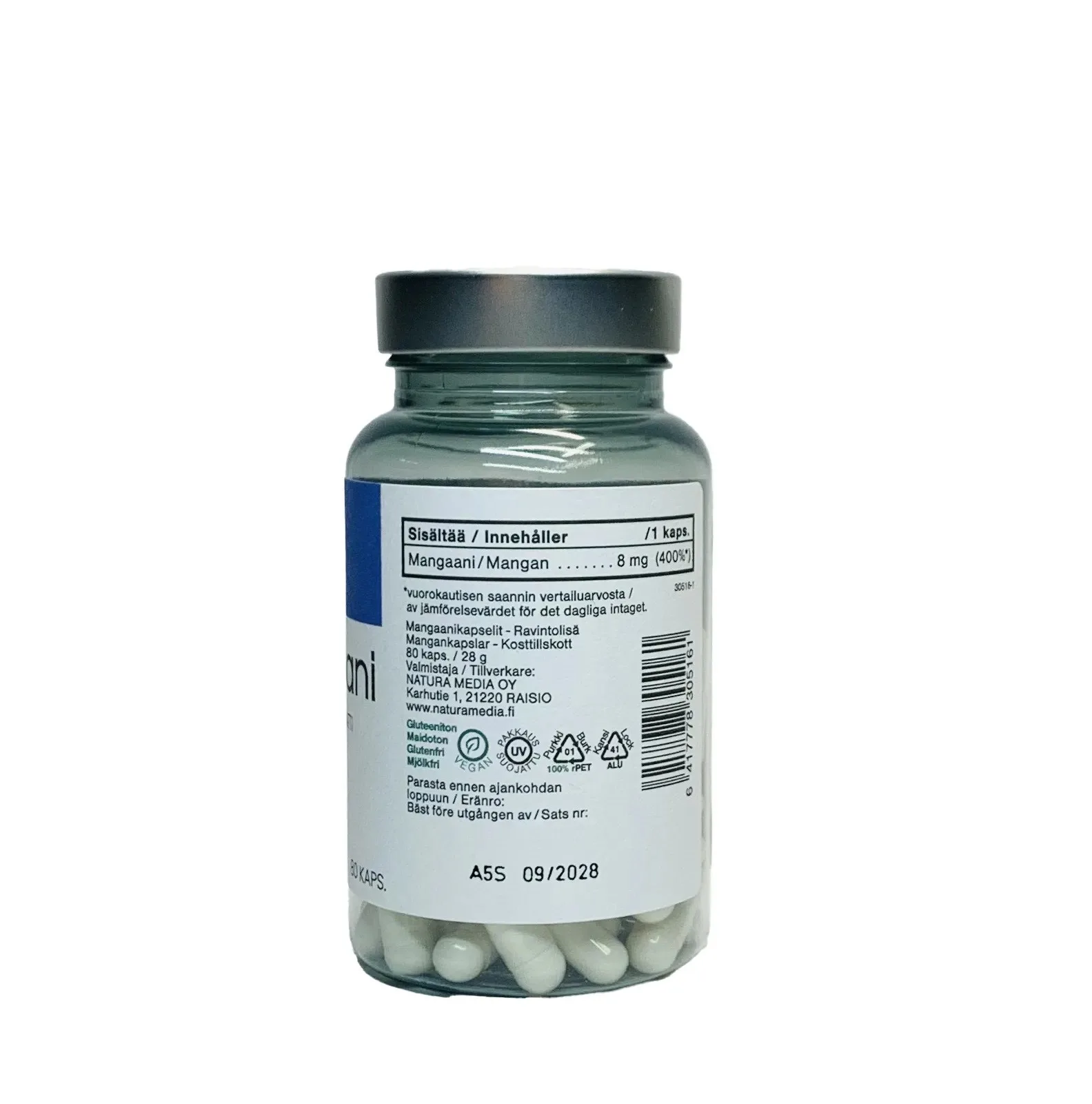 Natura Media Mangaani, 80 kapslit - toitainesisaldus