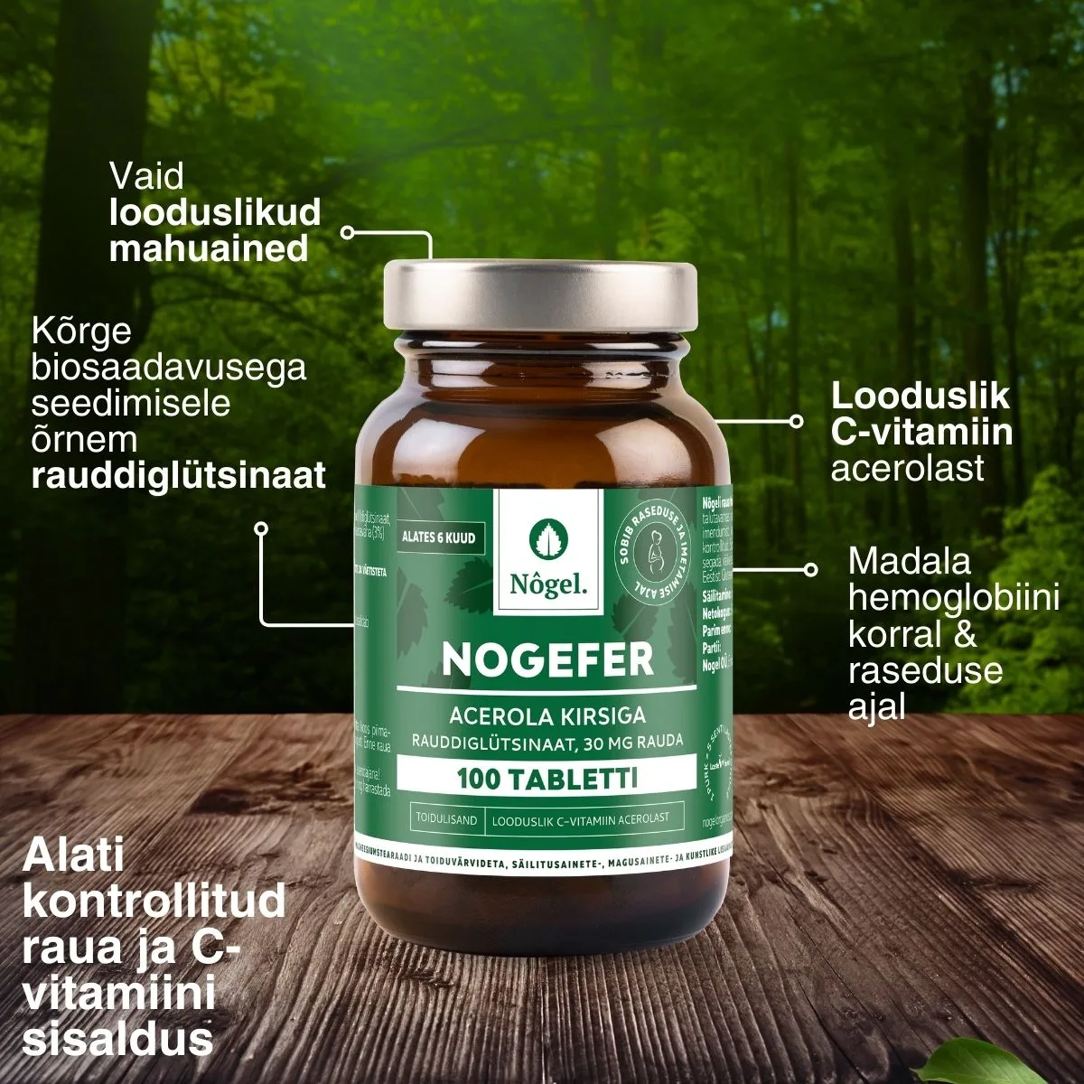 Nogel NOGEFER – raud acerola kirsiga, 60 mg, 100 tabletti, lisa